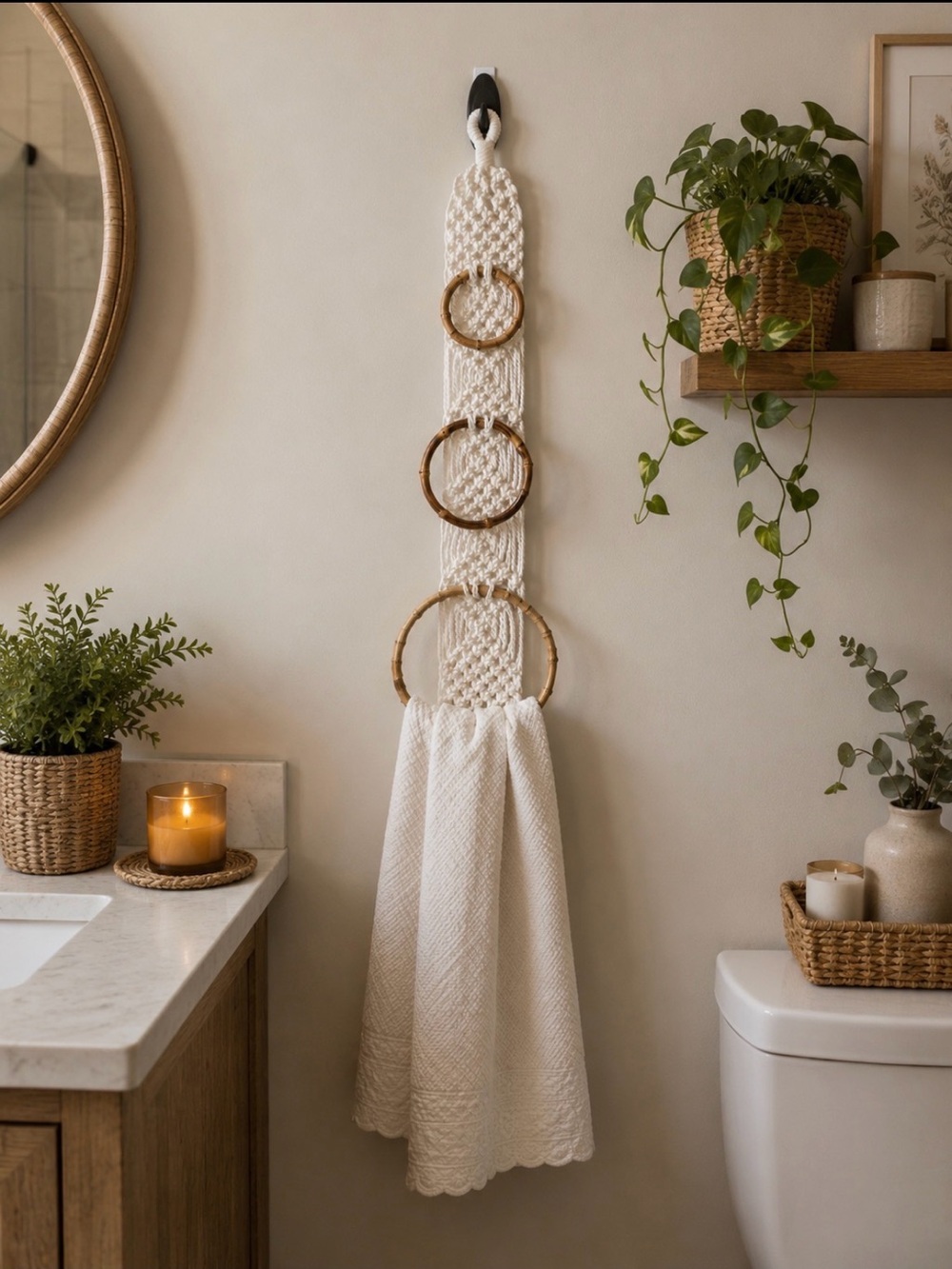 Vintage Handcrafted Cream Macramé Wall Hanging with Bamboo Towel Rings